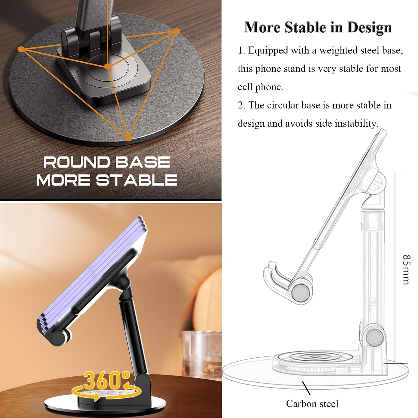 Meetuo Rotatable Cell Phone Stand for Desk, Height Angle Adjustable Phone Holder Portable Phone Stand Compatible for Most Smartphones iPhone