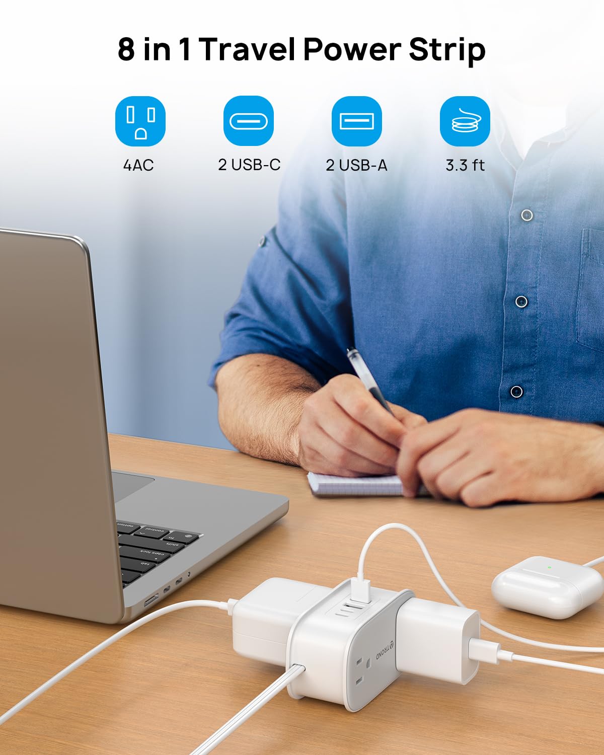 TROND Flat Plug Power Strip: 3.3ft Wrapped Short Extension Cord with 4 Outlets, 4 USB Ports, Small Charging Station, Travel Home Office Cruise Ship