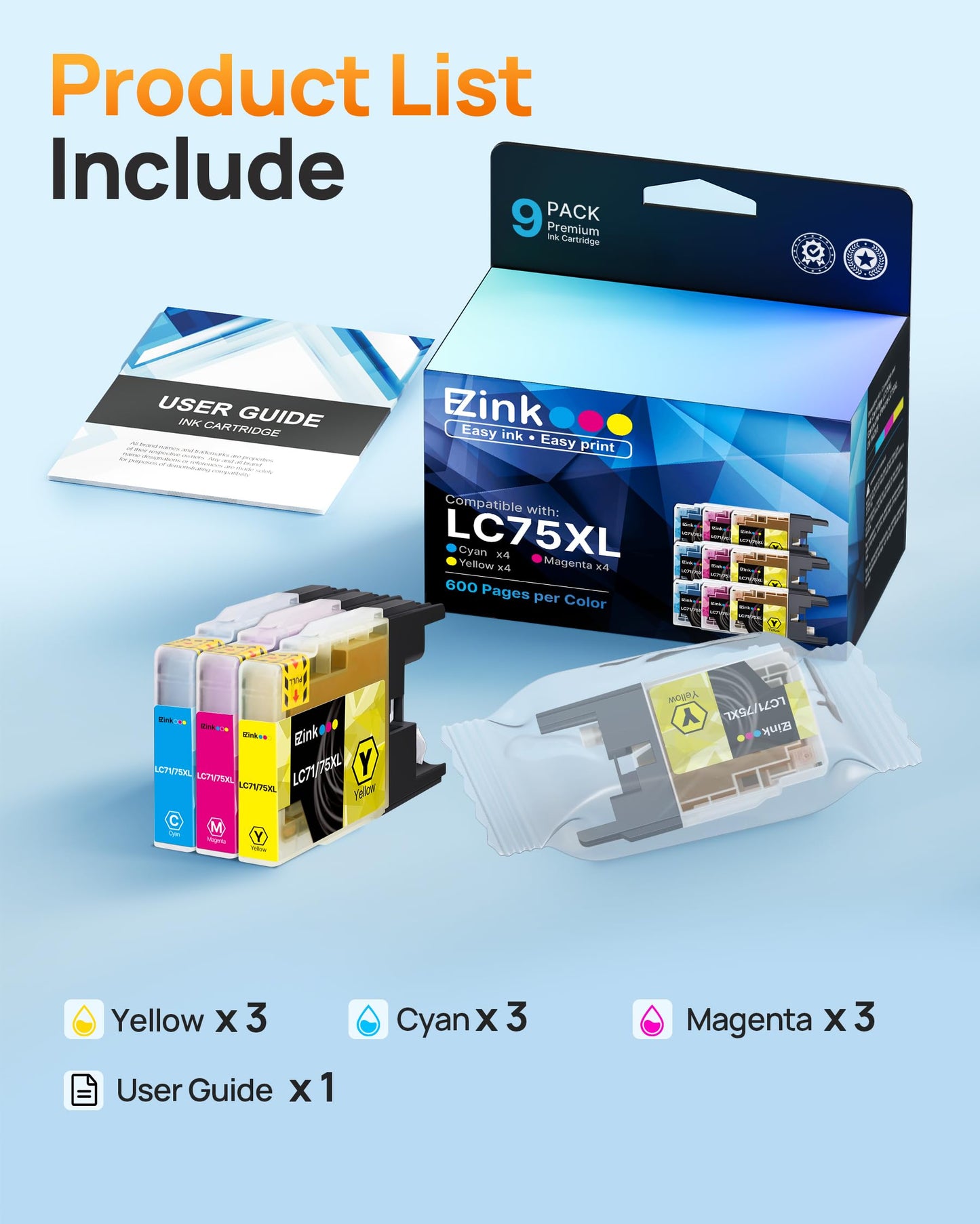 E-Z Ink Compatible Replacement for Brother LC75 LC71 Ink Cartridge 9 Packs