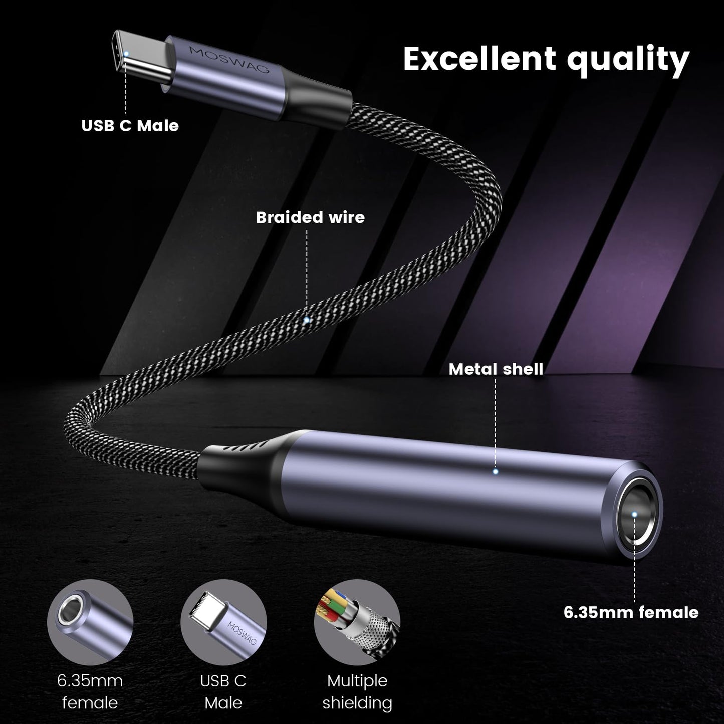 MOSWAG USB Type C to 1/4 Headphone Adapter, USB C to 6.35mm TRS Audio Cable Stereo Jack Audio AUX Adapter Compatible with Amplifiers, Mixer, Home