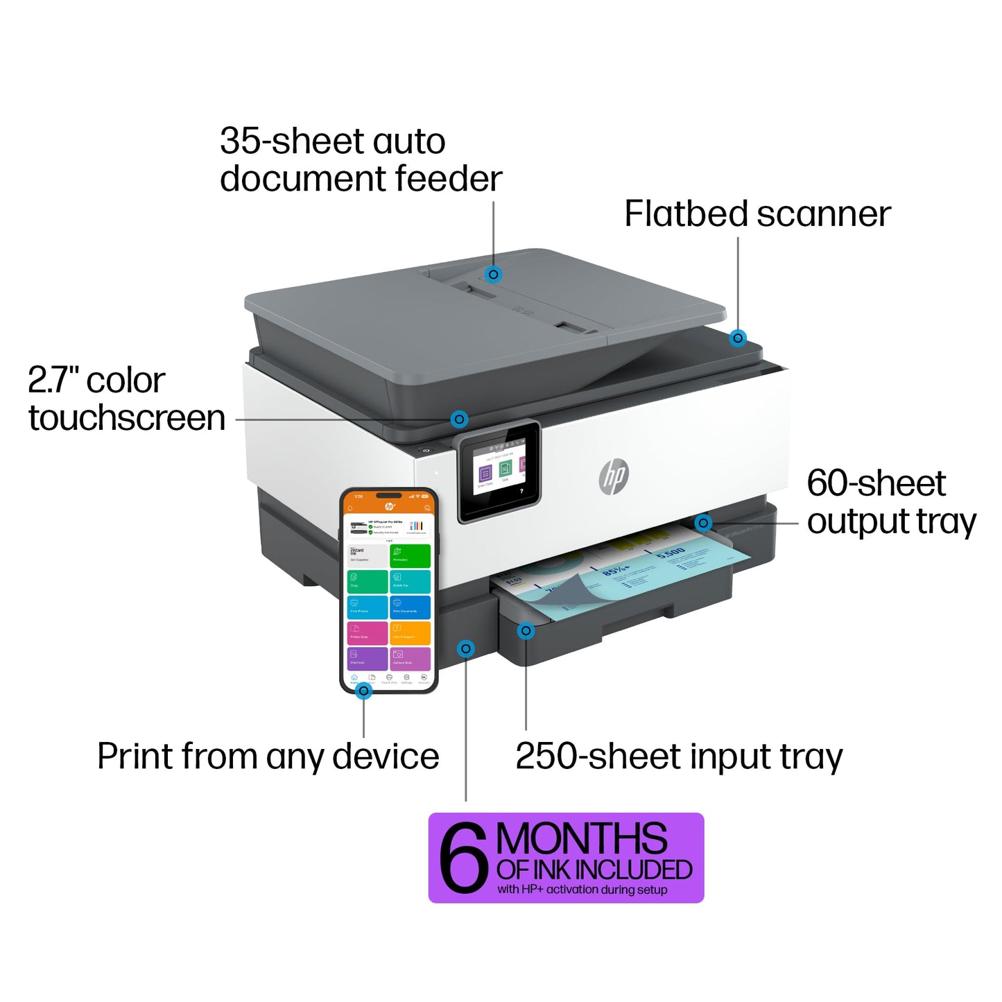 HP OfficeJet Pro 9018e Wireless All-in-One Color Inkjet Printer, Print, scan, Copy, fax, ADF, Duplex Printing Best for Office, 6 Months of Ink