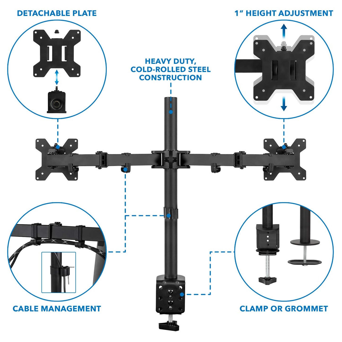 Mount-It! Dual Monitor Mount | Double Monitor Desk Stand | Two Heavy Duty Full Motion Adjustable Arms Fit 2 Computer Screens 17 19 20 21 22 24 27 Inch