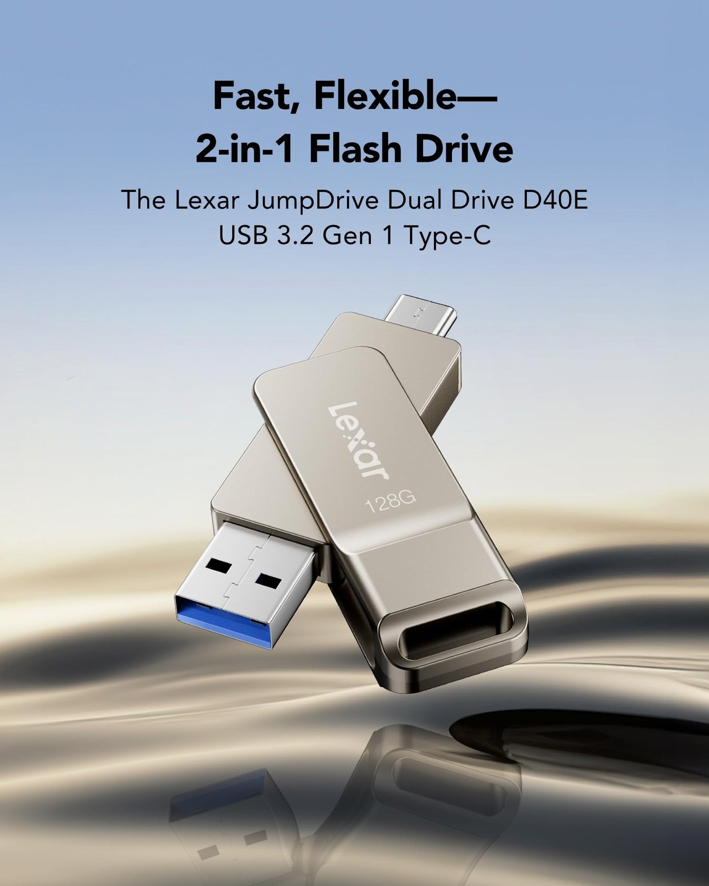 Lexar D40E 128GB Dual USB 3.2 Gen 1 Type-C Jump Drive, USB-C Flash Metal Housing Swivel Design Thumb Drive (Champagne Silver)
