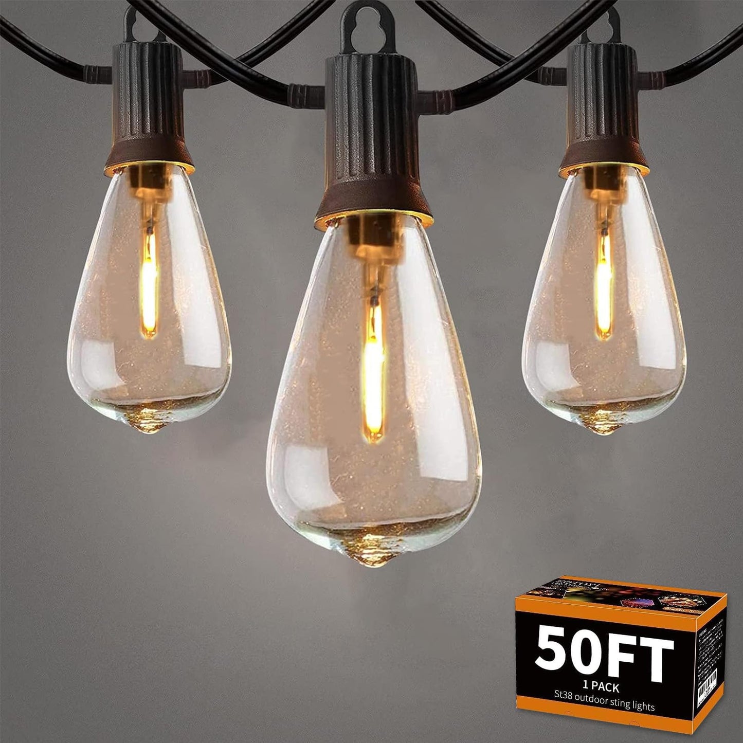 ZOTOYI Outdoor String Lights 50 FT, Waterproof IP65 Outside Light with 27 LED Plastic ST38 Edison Bulbs, Patio Hanging Lights for Backyard, Garden