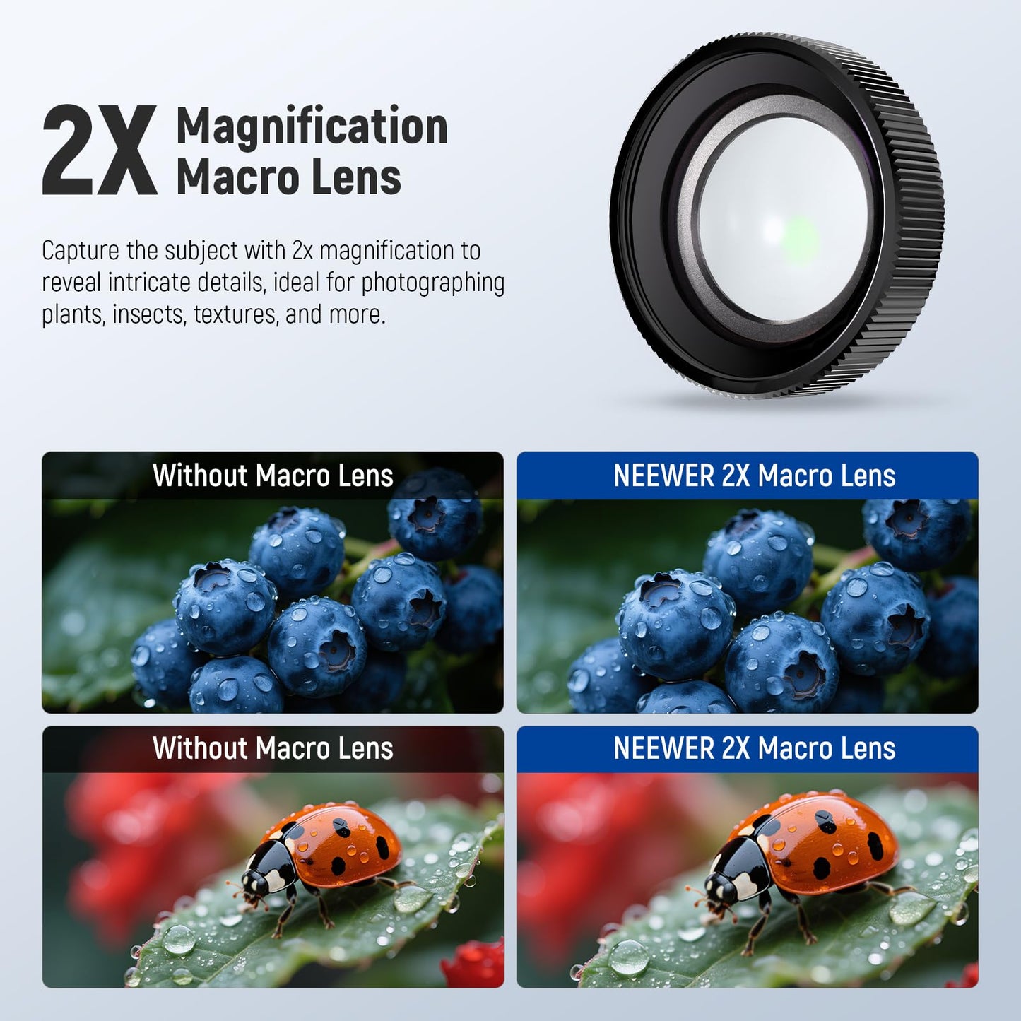 NEEWER Macro Lens Compatible with DJI Osmo Nano/Action 5 Pro/Action 4, 2X Magnification, 2 Elements in 1 Group, 3-4cm Focal Distance, Close Up
