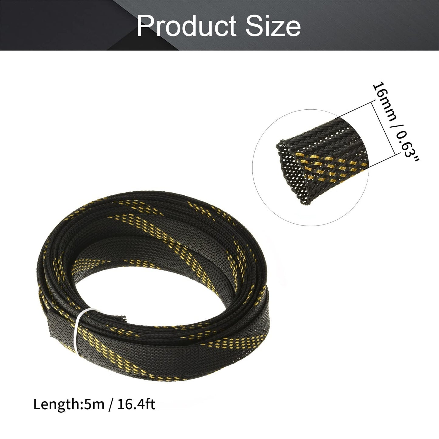 Othmro 5m/16.4ft PET Expandable Braid Cable Sleeving Flexible Wire Mesh Sleeve Black Gold,Non-Split for Power Cord Audio Video Cables Protecting from