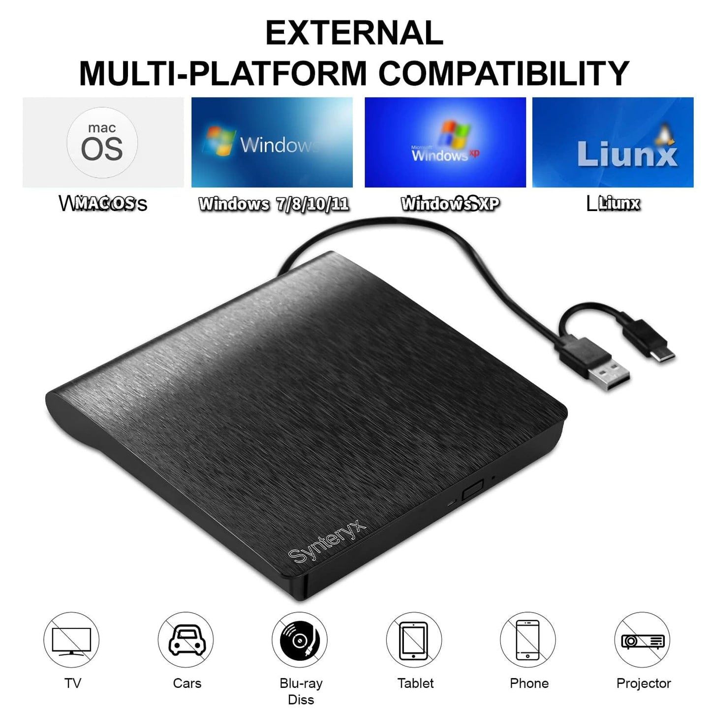Synteryx External CD DVD Drive USB and Type-C, Portable Slim CD/DVD +/-RW Burner Reader Writer Player for Laptop Desktop PC Mac Windows Linux OS Apple
