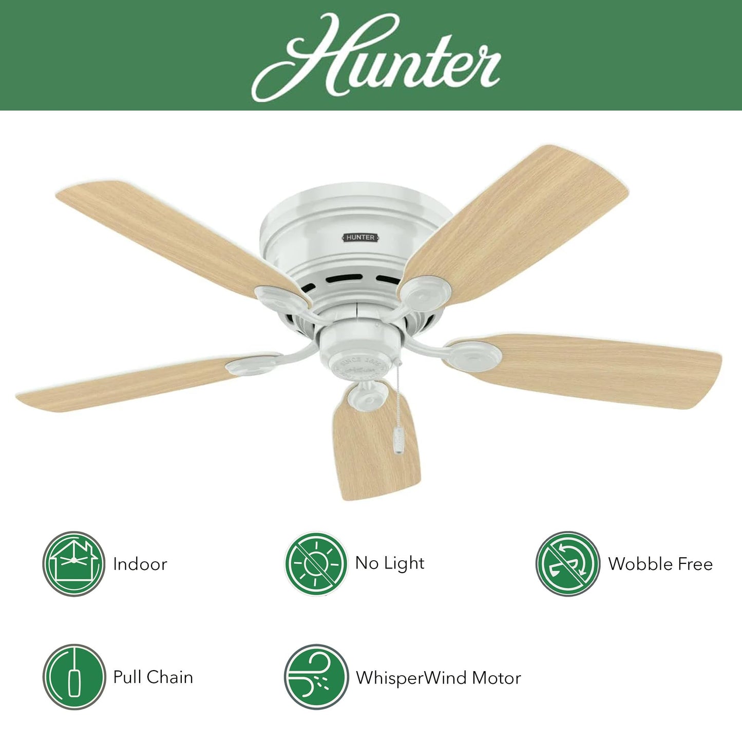 Hunter Fan 42in White Finish Low Profile Ceiling Fan with 5 White Blades (Renewed)