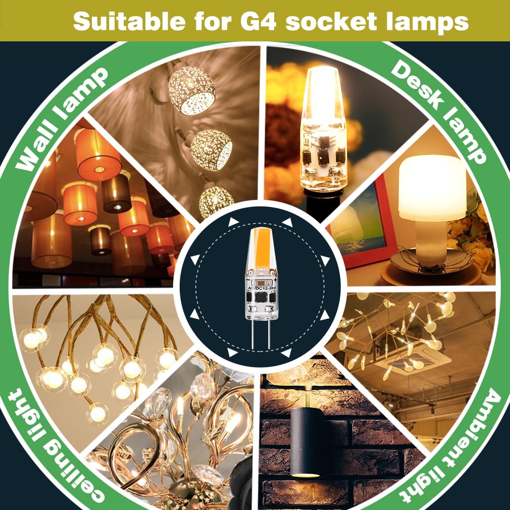 G4 LED Bulb 2W, Warm White 3000K, AC/DC 12V-24V 1505 COB LED Light Bulbs Equivalent to 20W T3 JC Type Bi-Pin G4 Base Halogen Bulb, 6-Pack