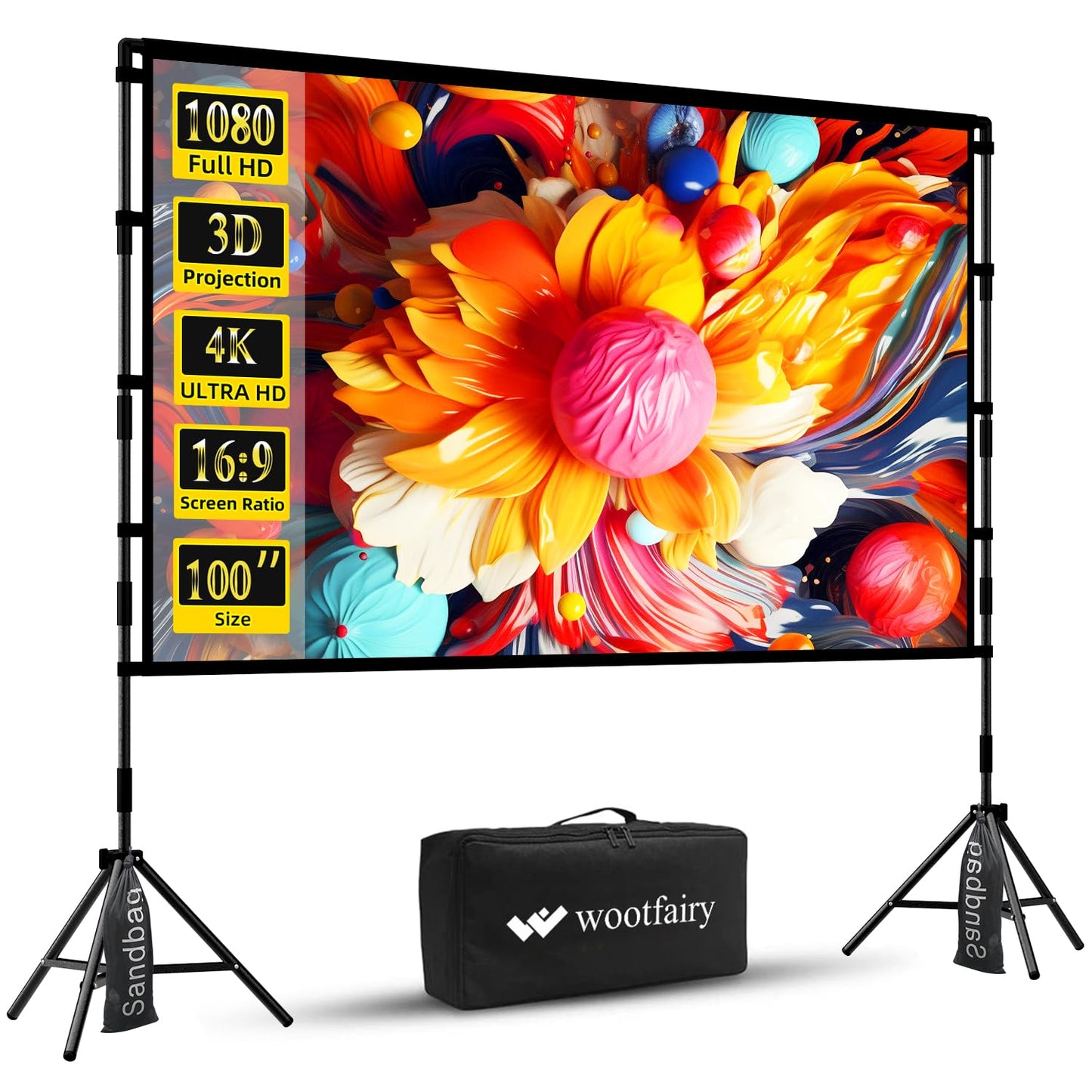 Projector Screen with Stand, Wootfairy 100 inch Foldable and Portable Projection Screen 16:9 4K HD Rear Front Wrinkle-Free Movie Screen with Carry Bag