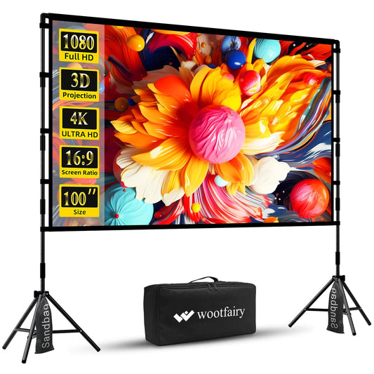 Projector Screen with Stand, Wootfairy 100 inch Foldable and Portable Projection Screen 16:9 4K HD Rear Front Wrinkle-Free Movie Screen with Carry Bag