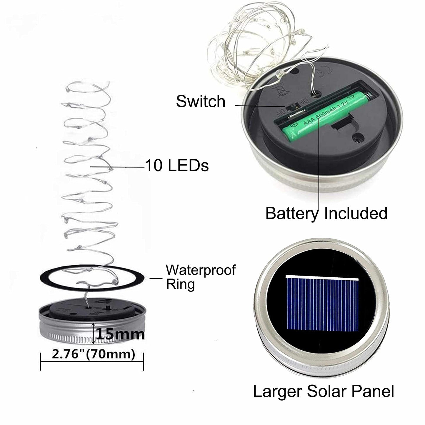 Decorman Solar Mason Jar Lid Lights, 6 Pack 10 LED Waterproof String Fairy Star Firefly Jar Lids Lights for Patio Garden Yard Lawn Party Wedding