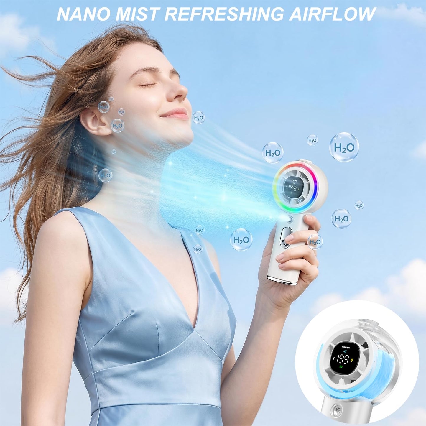 Portable Handheld Misting Fan with LED Lights, Personal Hand Mister Fan Water Spray, 15000RPM Mini Turbo Fans 4000mAh Rechargeable, Digital Screen