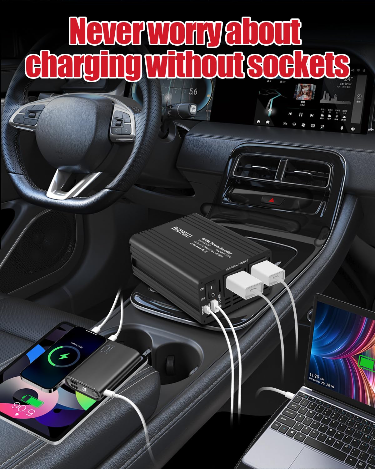 600W Inverter 12V to 110V, DC to AC Car Power Inverter for Vehicles with 65W USB-C Fast Charging 24W USB-A Dual AC Socket Adapter
