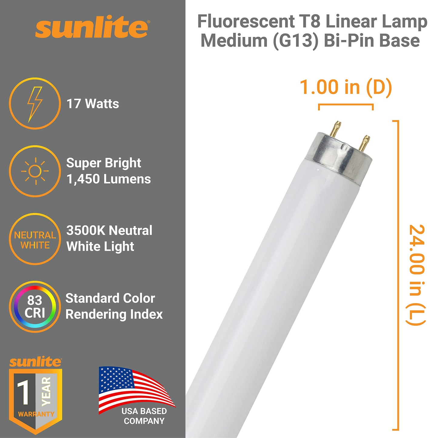 Sunlite 30115 2 Foot T8 Linear Fluorescent Lamp, 17 Watts, 1450 Lumens, F17T8/SP835, 3500K Neutral White, Medium G13 Bi-Pin Base, ROHS Compliant, 30