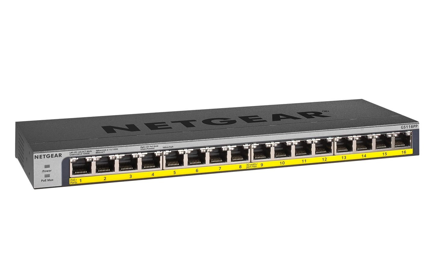 NETGEAR 16-Port Gigabit Ethernet Unmanaged PoE Switch (GS116PP) - with 16 x PoE+ @ 183W, Desktop, Wall Mount or Rackmount, and Limited Lifetime