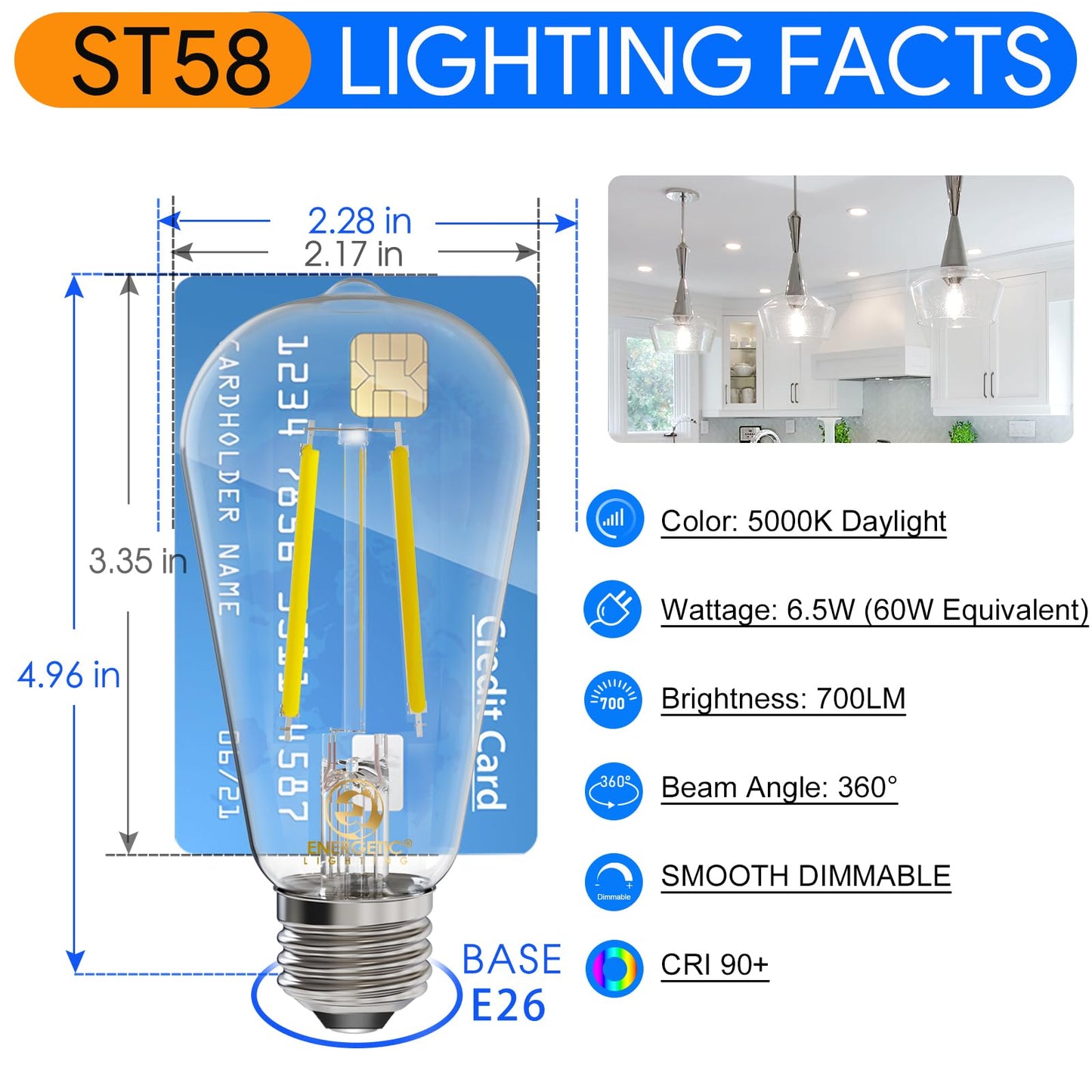 Energetic LED Edison Light Bulbs,E26 Dimmable Vintage Bulb, 60W Equivalent