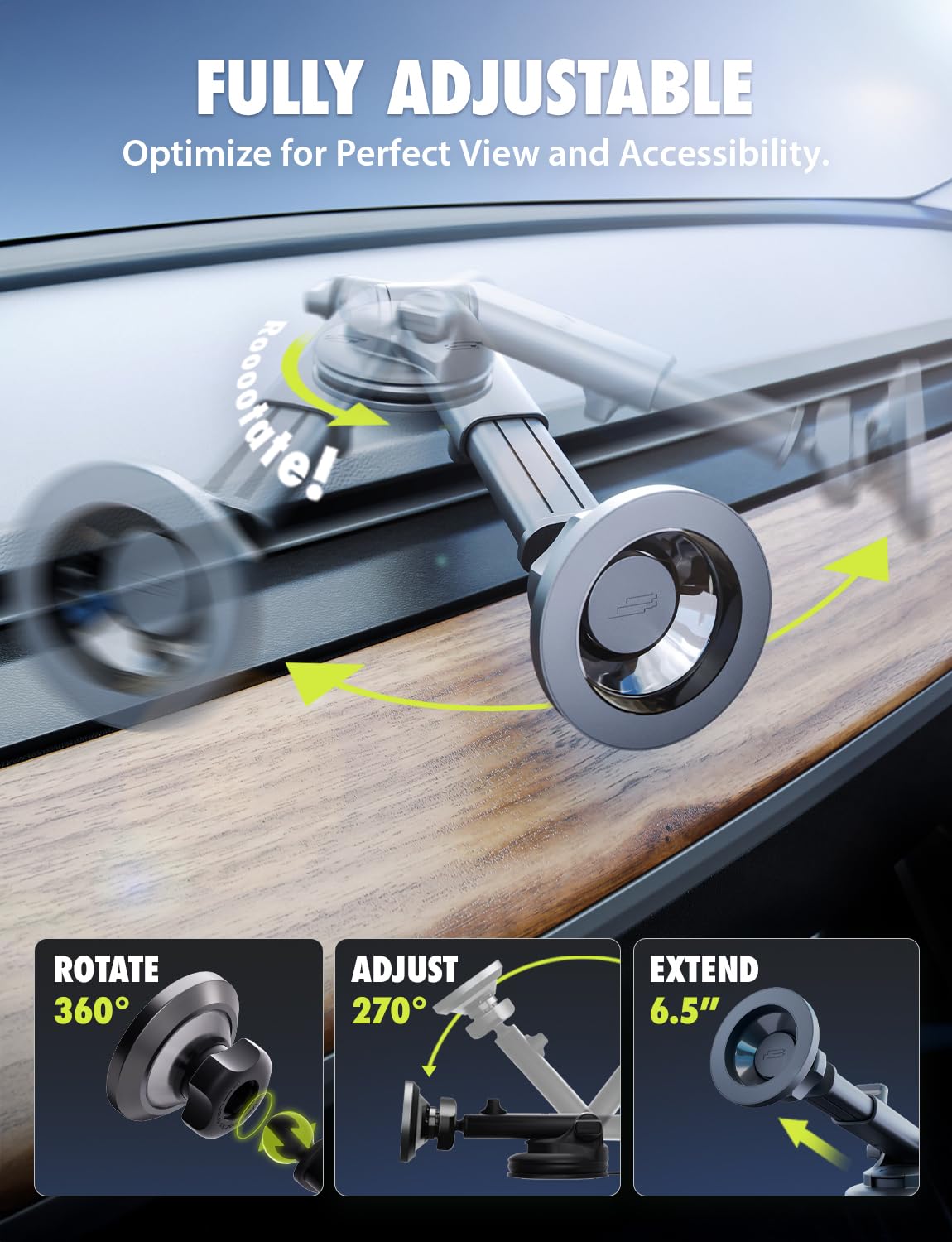 Bracketron MagSafe Car Mount,MagAlign Pro Extend Magnetic Phone Holder for Car Windshield & Dashboard, 360° Vacuum Suction Cup Phone Mount for iPhone