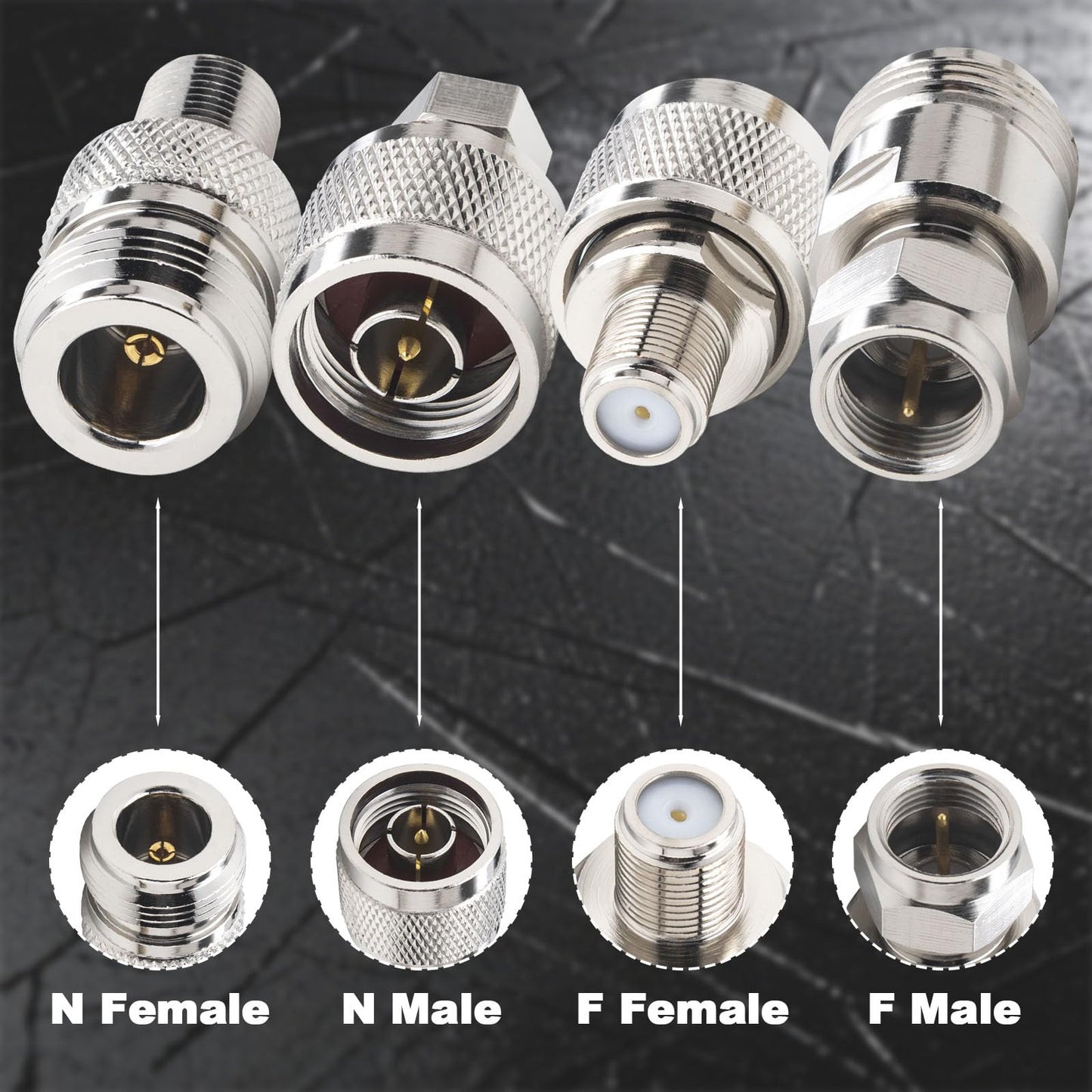 Kaunosta N to F Coax Adapter Kit (4-Pack) - Premium Nickel-Plated Brass RF Connector for TV Antenna RG6 Cable Extension, N Male/Female to F