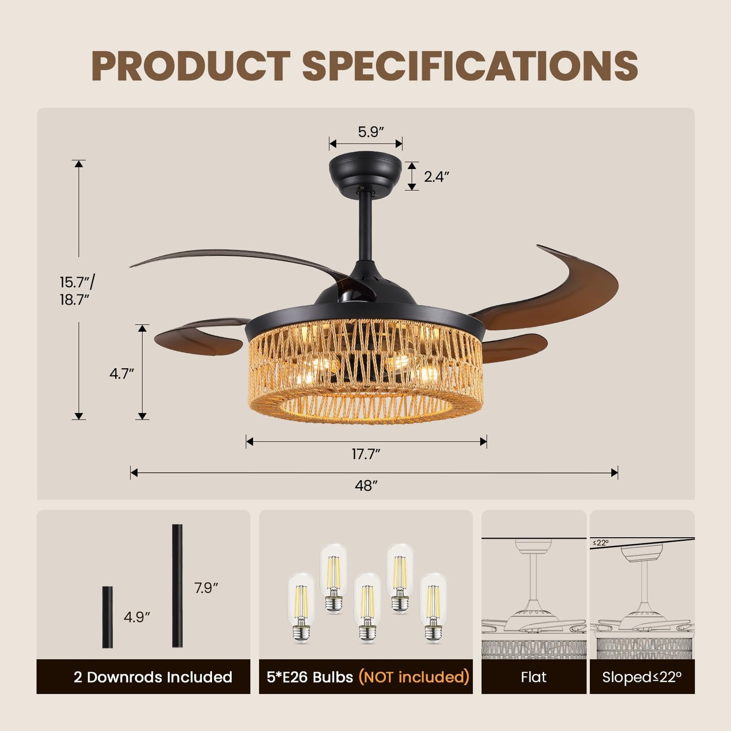 48 Inch Retractable Ceiling Fans with Lights and Remote, Boho Caged Farmhouse Ceiling Fan, Invisible Rattan Fandelier with Reversible 6 Speeds,Timer