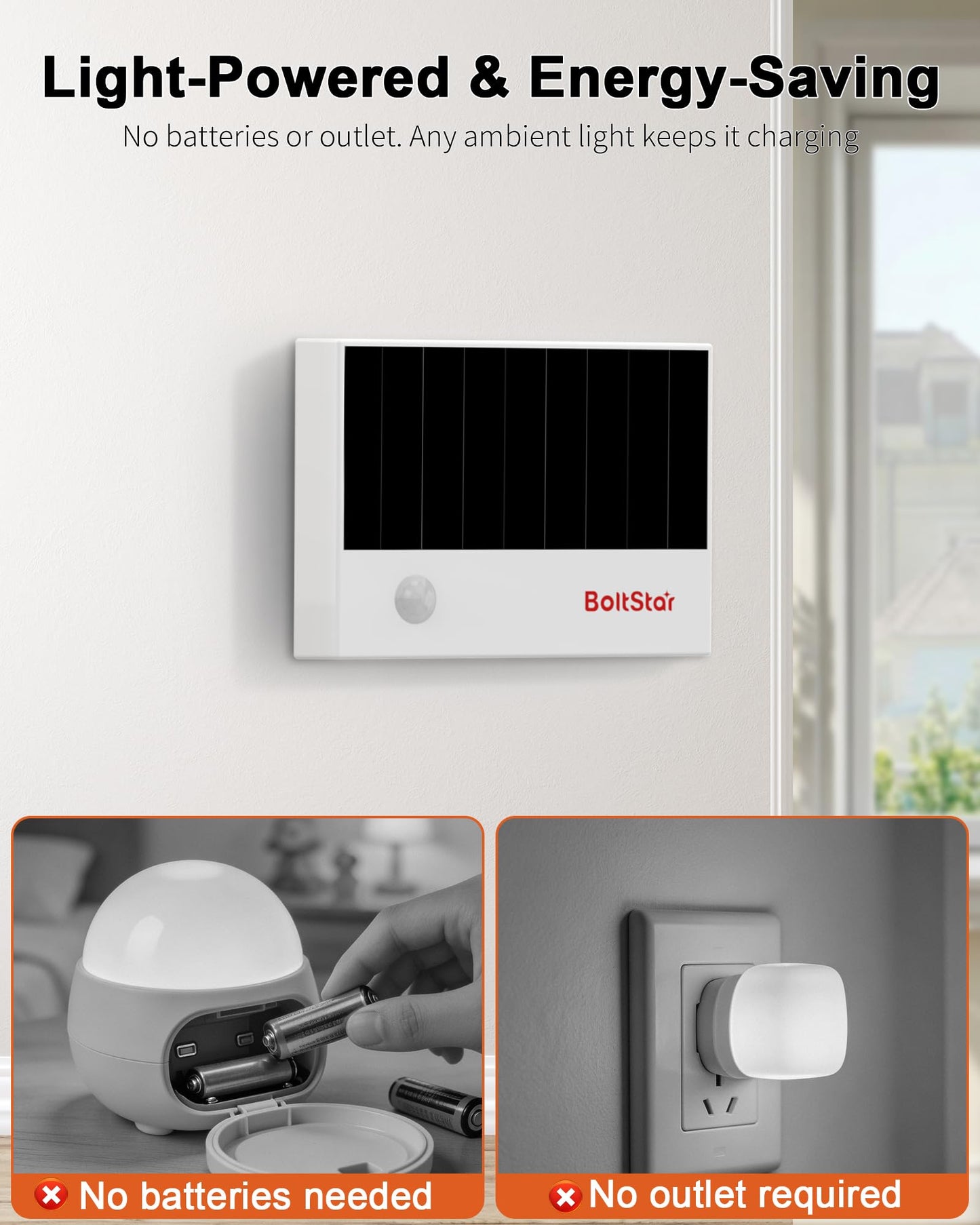 BoltStar Motion Sensor Night Light, Solar Night Light Indoor No Outlet Needed, Magnetic Wall Mount or Tabletop, 3000K Soft Warm Light for Bedroom