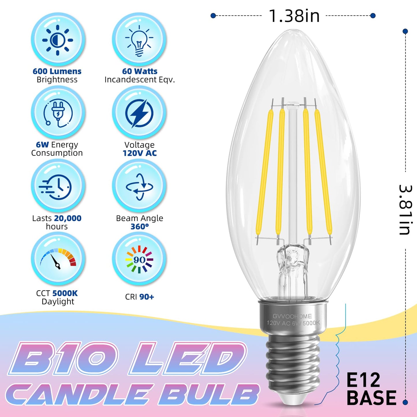 Candelabra Light Bulbs 5000K Daylight, 60W Equivalent, E12 LED Bulb