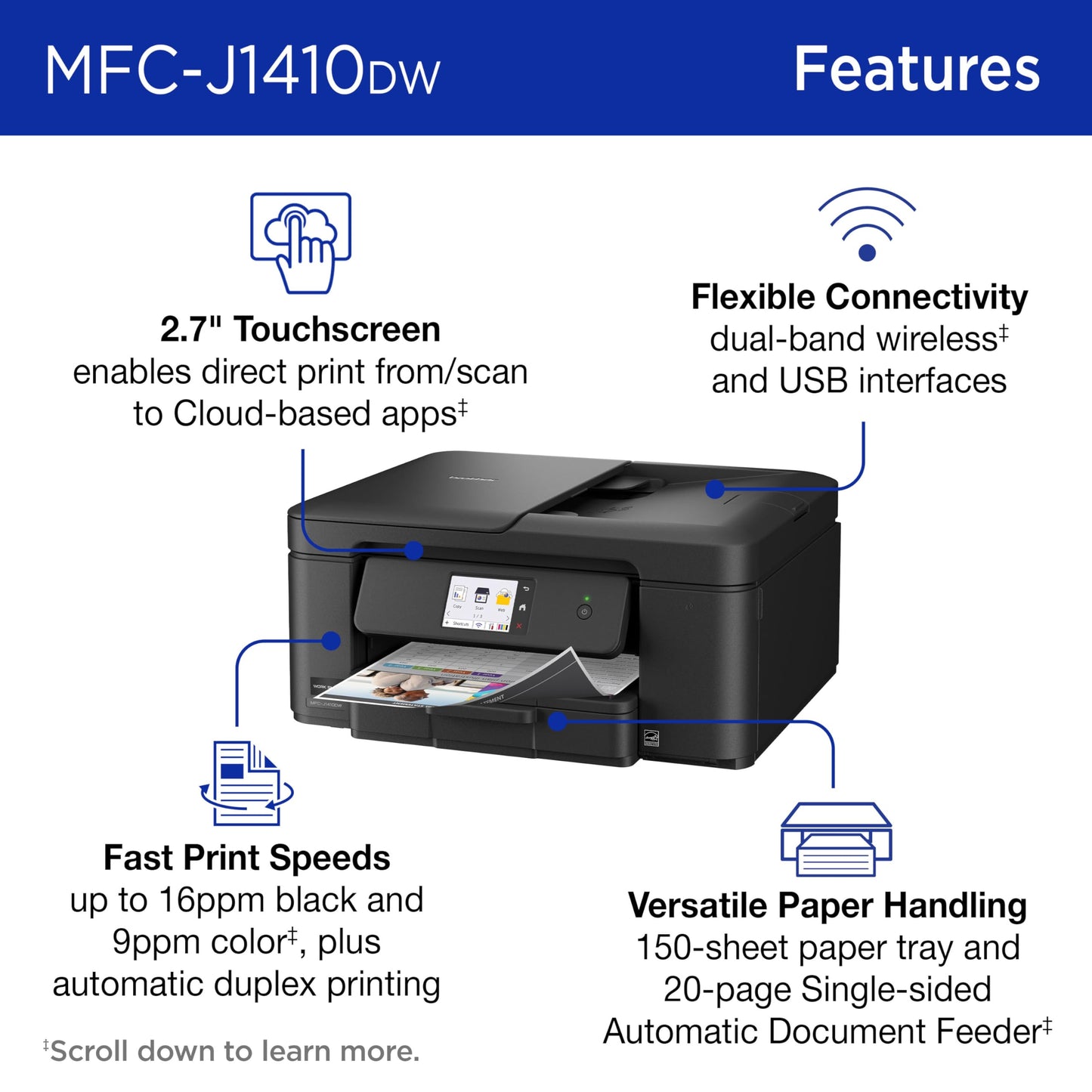 Brother Work Smart 1410 Wireless Color Inkjet All-in-One Printer with 2.7” Touchscreen and Automatic Duplex Printing | Includes Refresh Subscription
