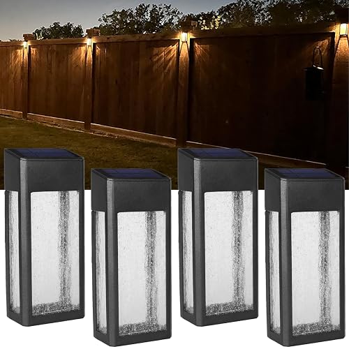 GOODFOEVER 4 Pack Solar Fence Lights Solar Post Accent Light/Wall Light for Outdoor, Yard, Fence, Porch and Garage, Body in Aluminum and Glass