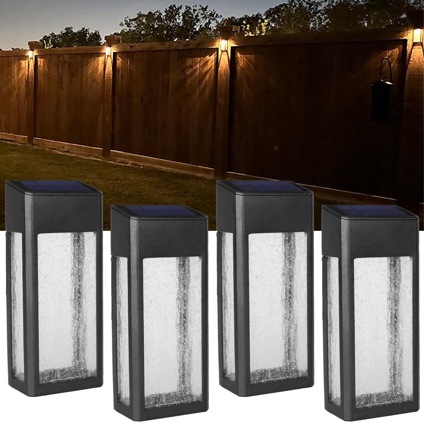 GOODFOEVER 4 Pack Solar Fence Lights Solar Post Accent Light/Wall Light for Outdoor, Yard, Fence, Porch and Garage, Body in Aluminum and Glass