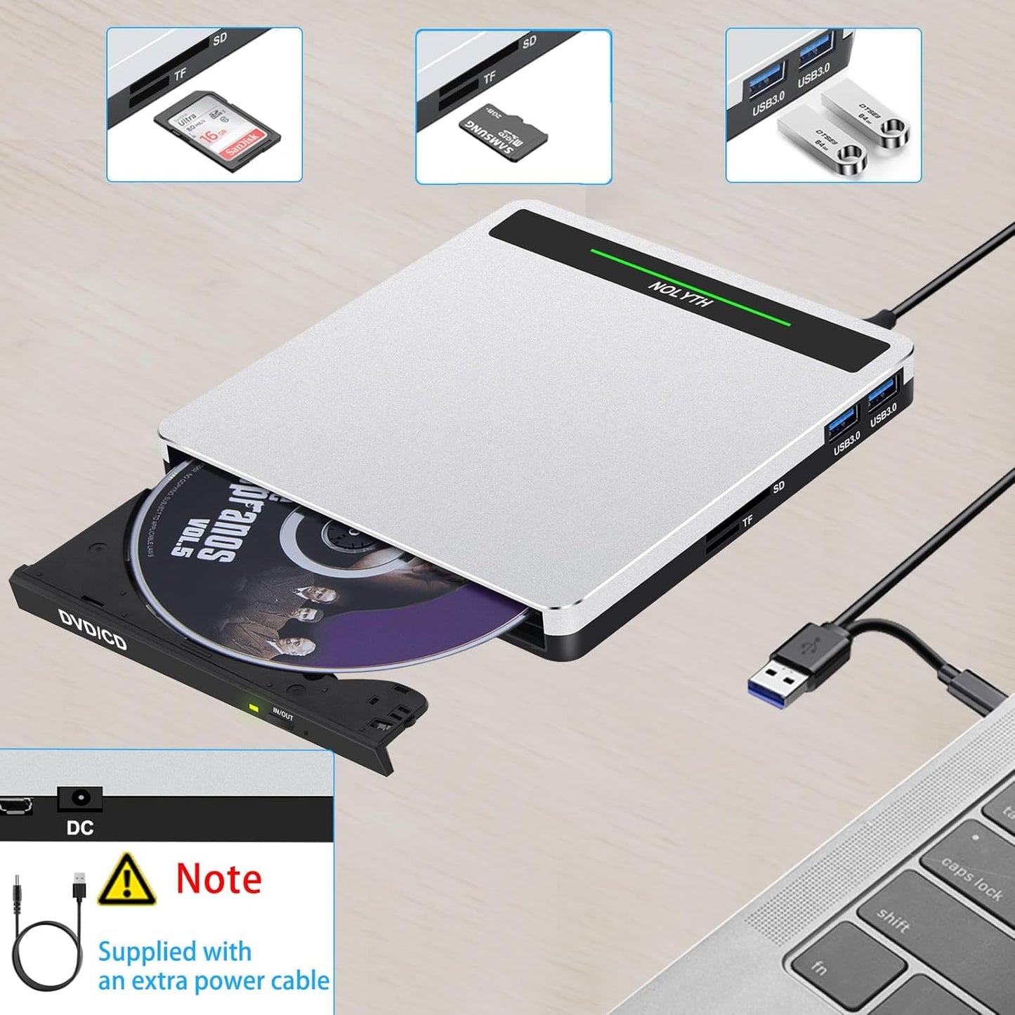 NOLYTH External CD Drive for Laptop: Portable USB3.0 DVD ROM Burner - Optical USB C CD/DVD Player with SD/TF/2 USB Ports Compatible with Apple Mac
