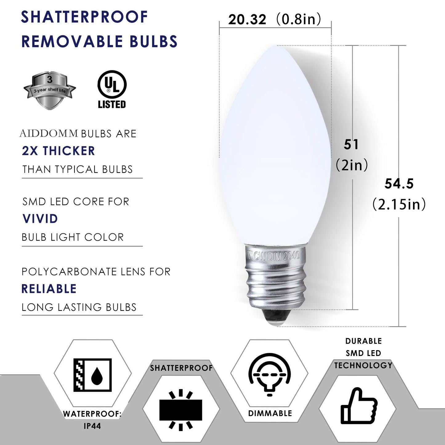 AIDDOMM LED Christmas Replacement Bulbs 25 Pack C7, for Outdoor and Indoor, Dimmable, E12 Candelabra Base, Cool White