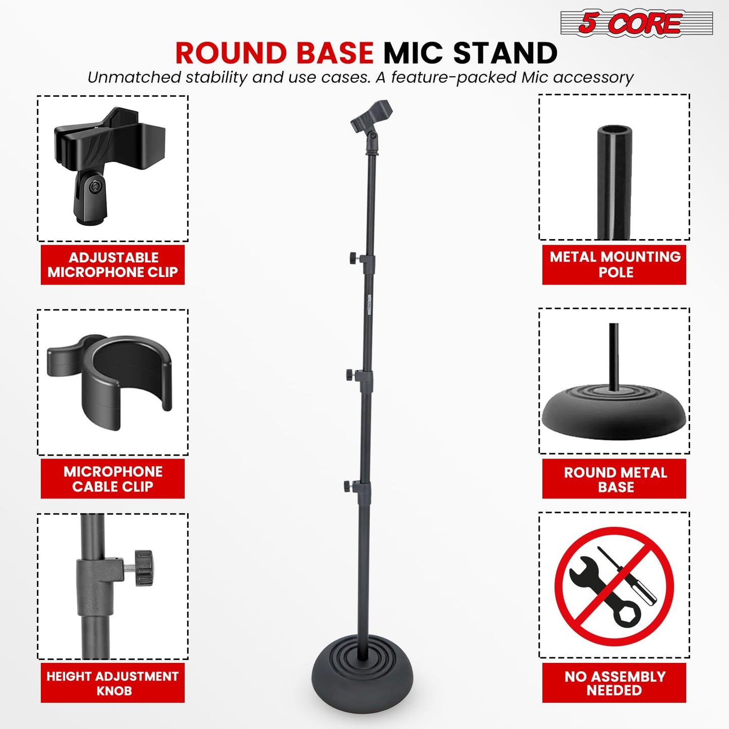 5 Core Mic Stand 2Pcs Floor Height Adjustable 24 to 67 Inch Universal Heavy Duty Microphone Stands Round Base Soporte De micrófono for Studio Singing