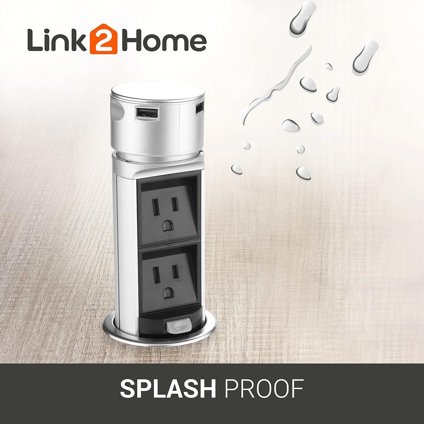 Link2Home 2 Pack Space Saver Pop Up Outlet Station with USB, 2 Power Outlets 15A, 2 USB Ports 2.4A Fast Charge Splash Resistant, Stainless-Steel