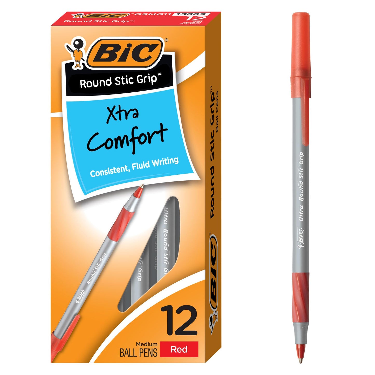 BIC Round Stic Grip Xtra Comfort Red Ballpoint Pens, Medium Point (1.2mm), 12-Count Pack, Excellent Writing Pens With Soft Grip for Superb Comfort