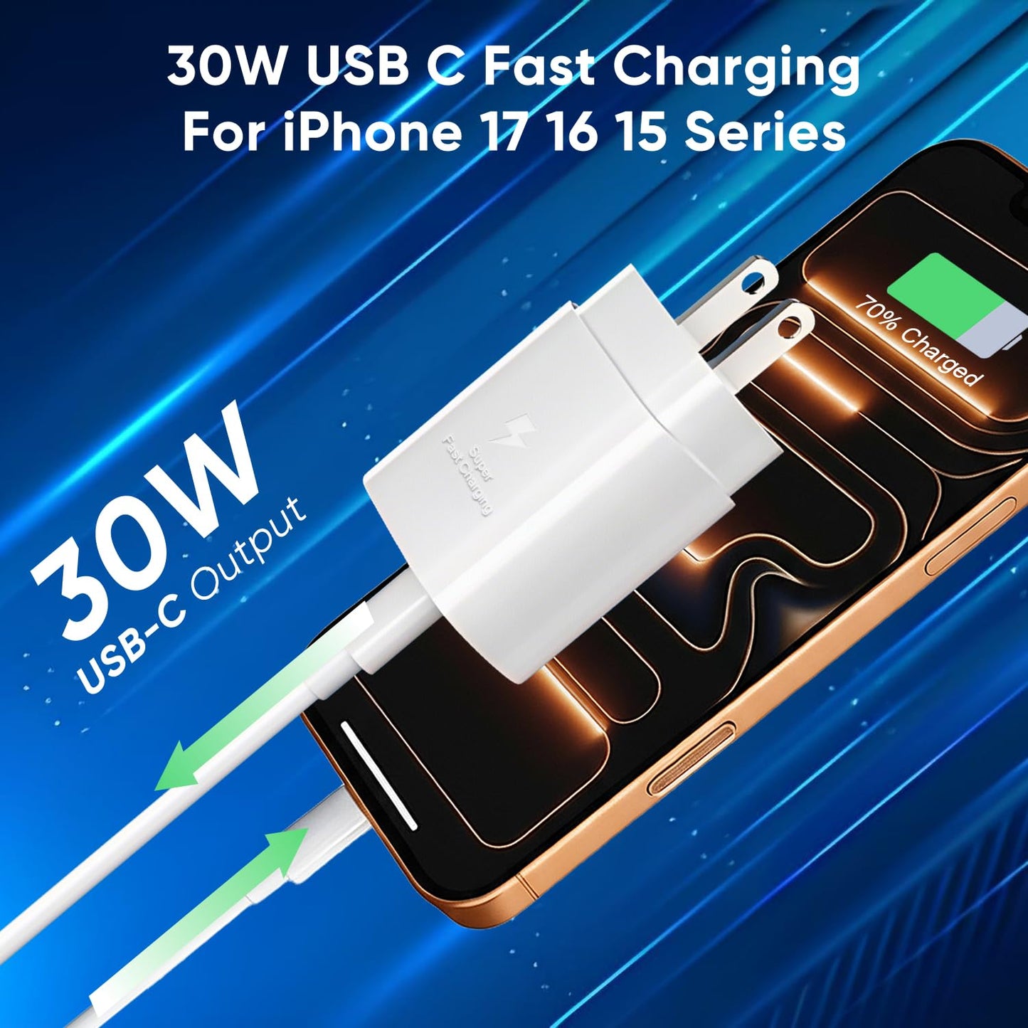 iPhone 17 16 15 Charger Fast Charging 10FT Cable, 30W USB C Charger Block for i Phone 15 16 16e 17 Air Plus Pro Max/iPad Pro/AirPods, PD USBC Power