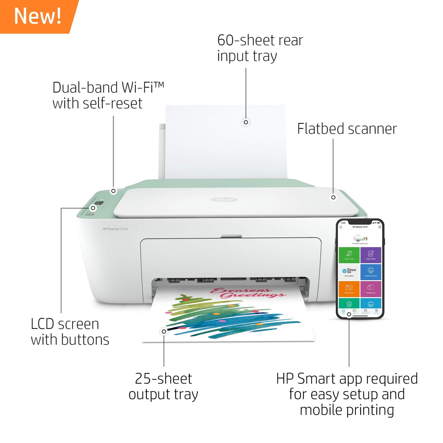 HP DeskJet 2724 Wireless All-in-One Printer, Mobile Print, Scan & Copy, Includes 4 Months of Ink Delivered, Compatible with Alexa (7HC64A)