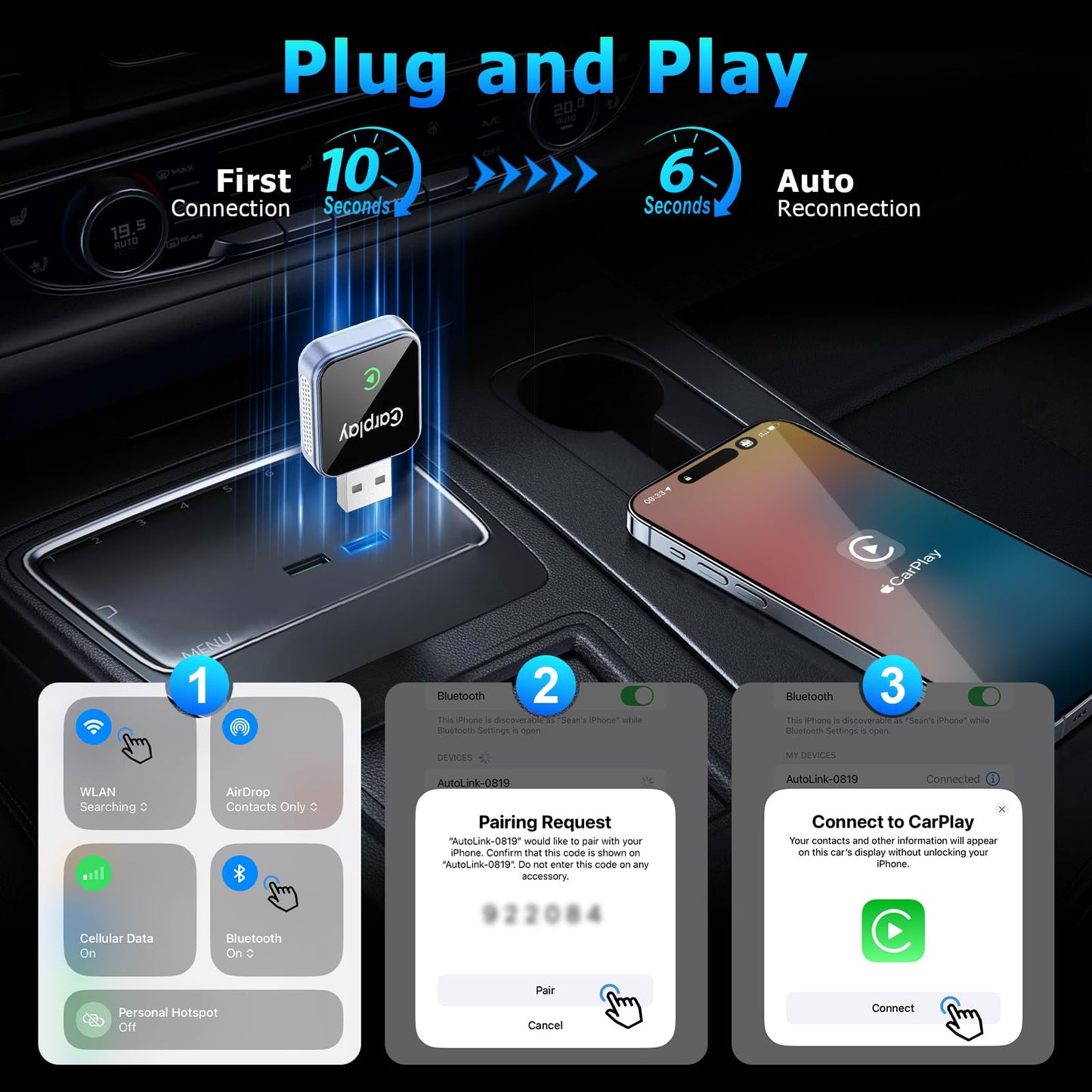 ROLRAFIC Wireless CarPlay Adapter for iPhone, CarPlay Dongle Converts Wired to Wireless Carplay, Plug & Play Mini Size CarPlay Adapter Compatible