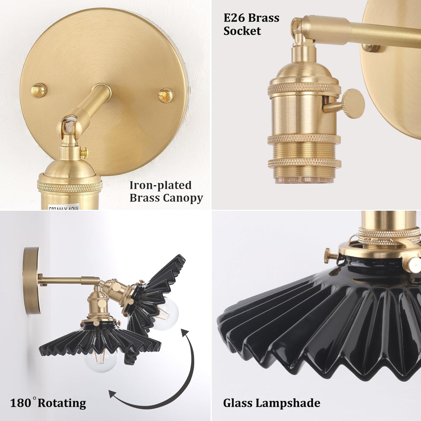 Shenmoyl Vintage Wall Sconce with Black Pleated Ceramic Lampshade 180 Degree Adjustable Brass Sconces Wall Lighting Fixture with Switch for Bedside