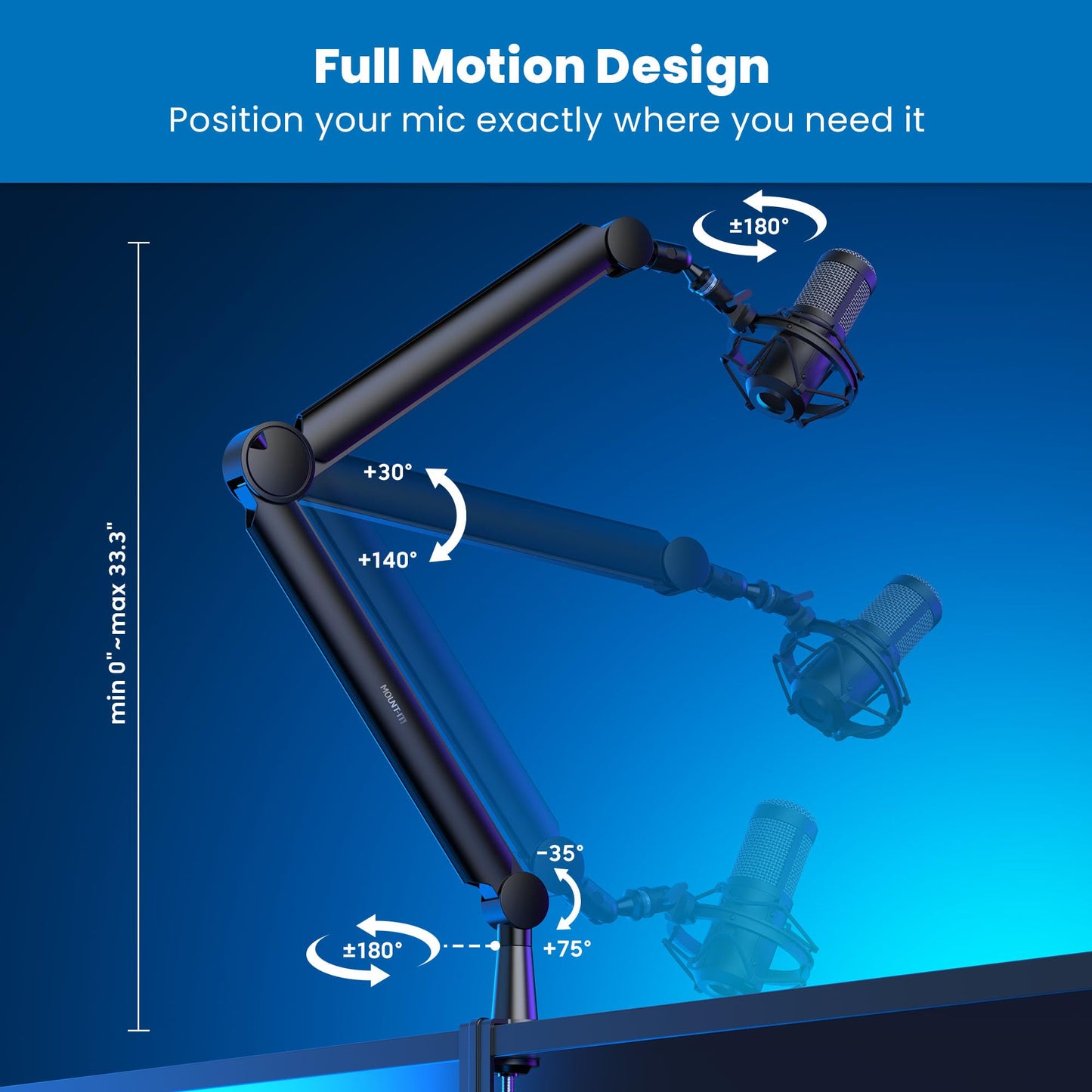 Mount-It! Mic Arm, Microphone Boom Arm, Adjustable Full Motion Mic Desk Mount, for Streaming, Gaming, Podcast, Recording, 3/8" and 5/8" Compatible