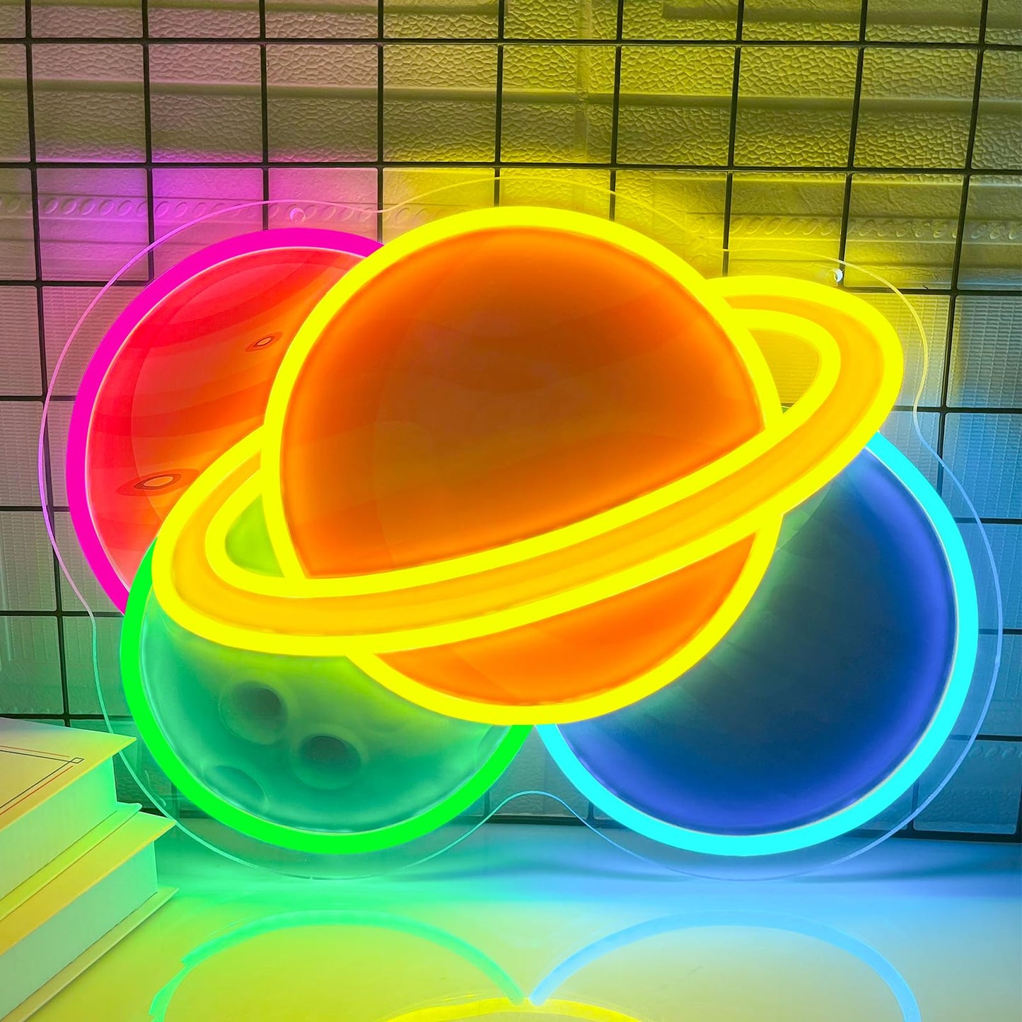 Planet Neon Sign 16.5x12.2inch Big Dimmable Saturn Led Light Colorful USB Powered Four-Planet Combination Space Neon Light Up Sign for Bedroom Living