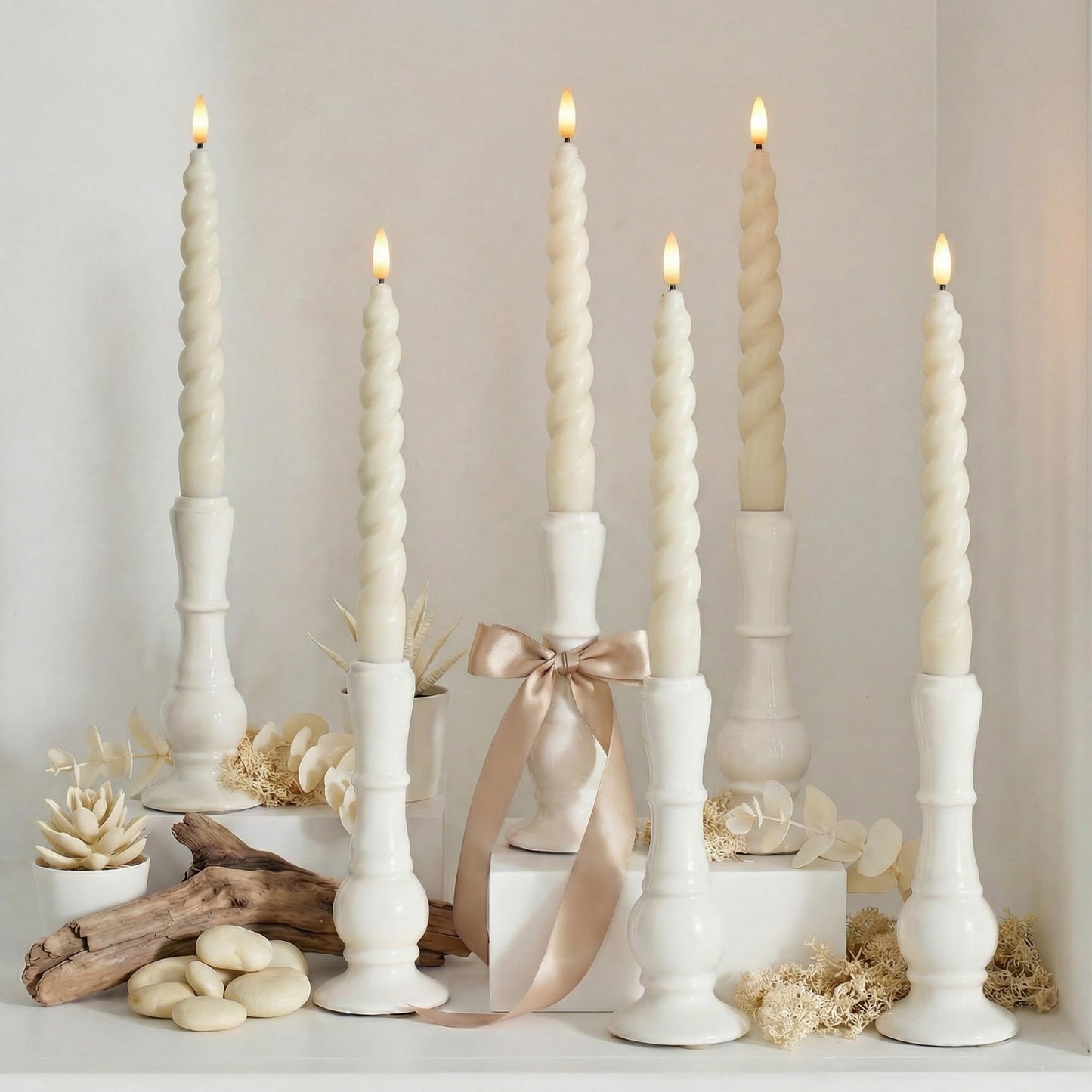 WYZworks 10" Flameless LED Taper Candles - Full Twisted Spiral - Ivory, Set of 6 - Remote, 2/4/6/8-Hr Timer (24-hr Memory), Bottom On/Off Button