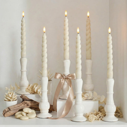 WYZworks 10" Flameless LED Taper Candles - Full Twisted Spiral - Ivory, Set of 6 - Remote, 2/4/6/8-Hr Timer (24-hr Memory), Bottom On/Off Button
