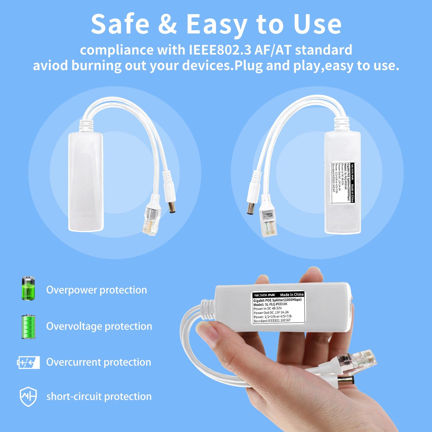 Gigabit PoE Splitter 12V DC 5.5x2.1mm, 48V to DC 12V/2A Output, 1000Mbps, IEEE802.3af/at, PoE Adapter Active for IP Camera, AP and Other DC Power