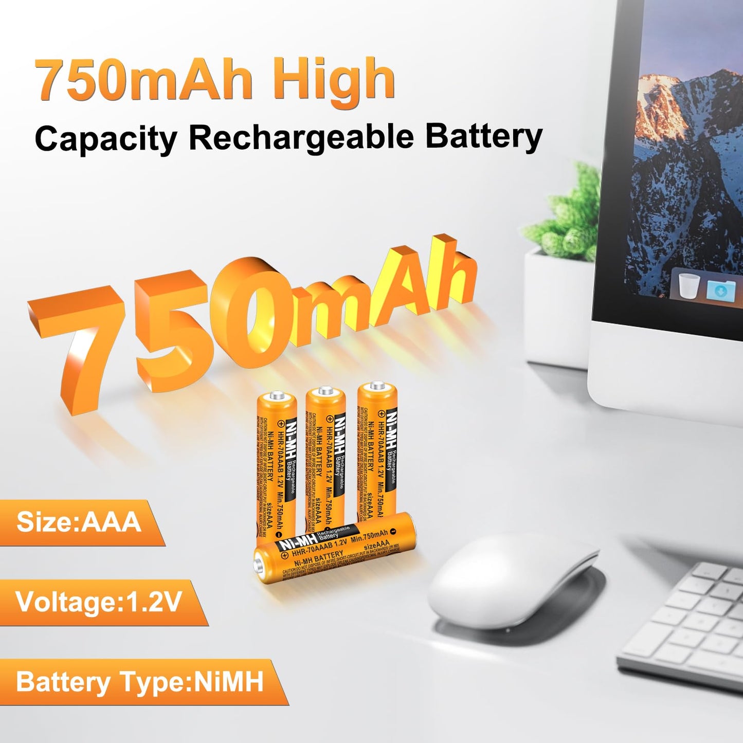 EOCIK 6 Pack HHR-70AAAB AAA Rechargeable Battery for Panasonic 1.2V 750mah NiMH AAA Batteries for Cordless Phones, Remote Controls, Electronics