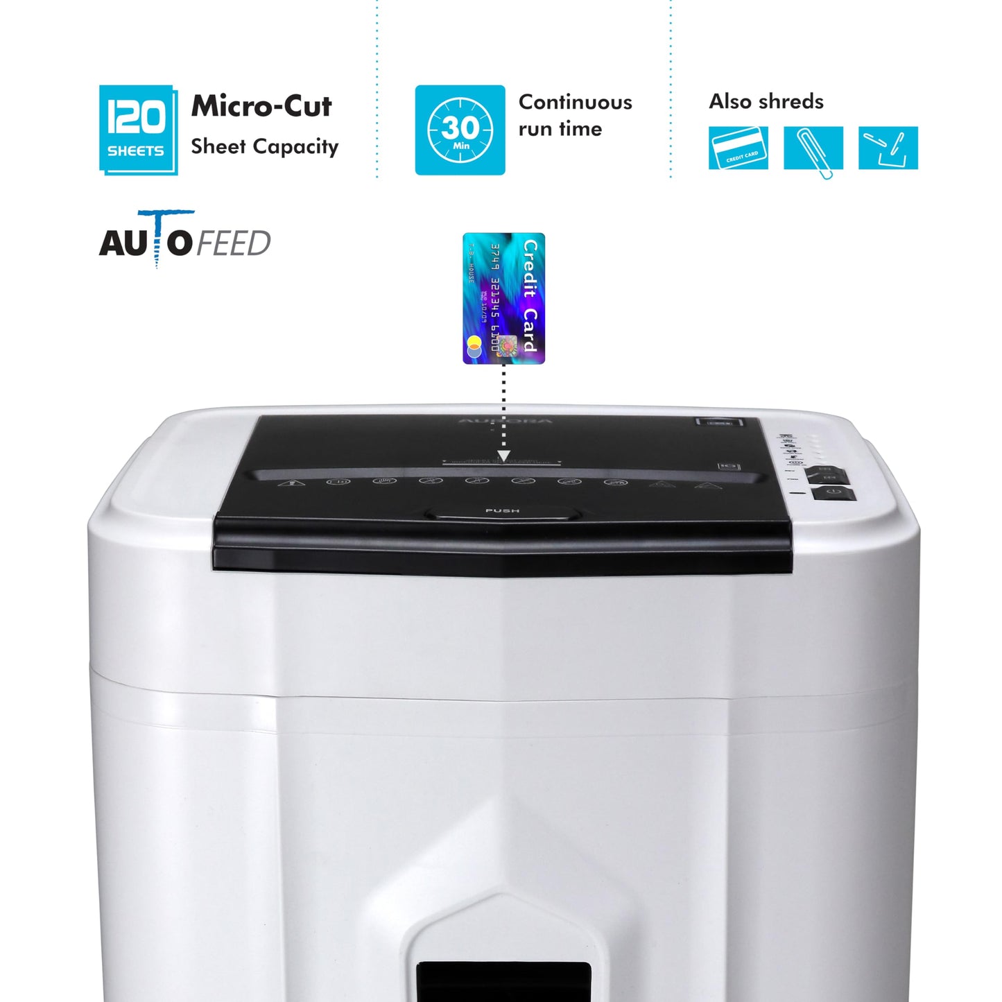 Aurora Professional Grade 120-Sheet Auto Feed Micro-Cut Paper and Credit Card Shredder with 5 Gallon Pullout Basket / 30 Minutes/Security Level P-4