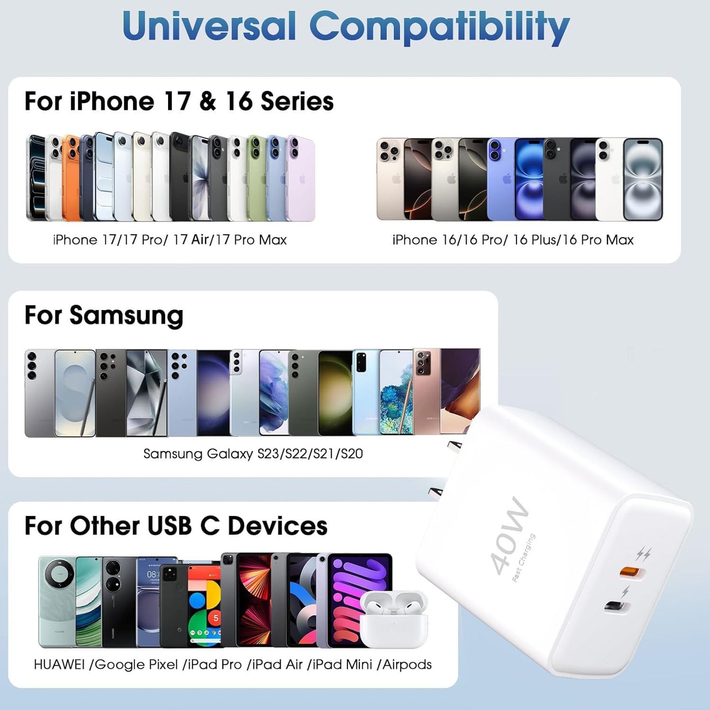 40W Dual-Port USB-C Fast Charger Bundle (Includes 4-Foot and 6-Foot Cables), High-Power Rapid Charger for iPhone 17/16/15 Pro Max, iPad, and Samsung