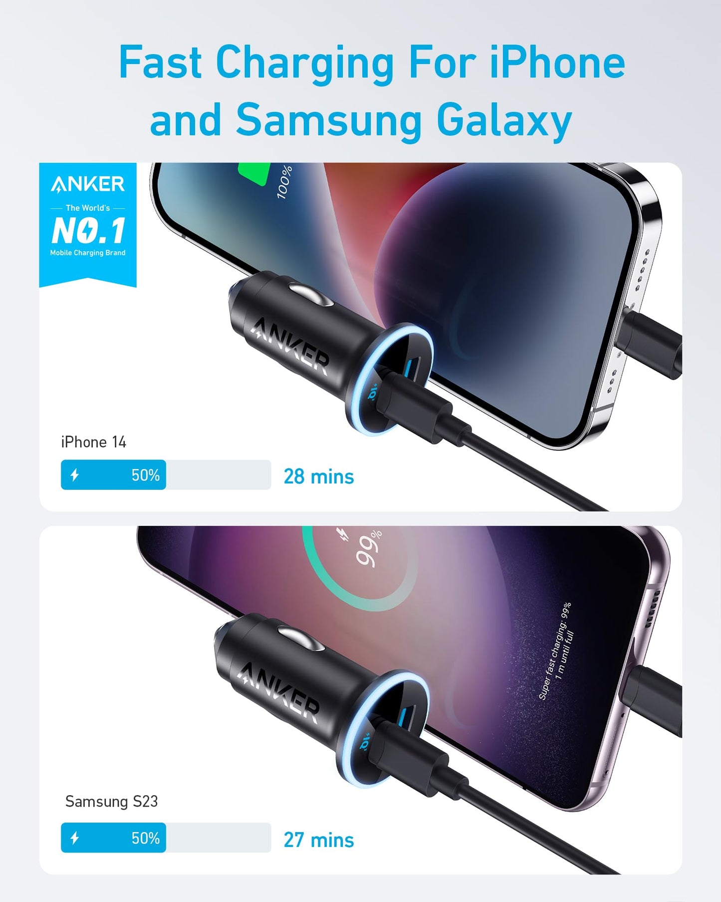 Anker 323 USB-C Car Charger Adapter, 52.5W Cigarette Lighter Charger with 30W PowerIQ 3.0 Fast Charging for iPhone 17/16/15/14/13/12 Series, Galaxy