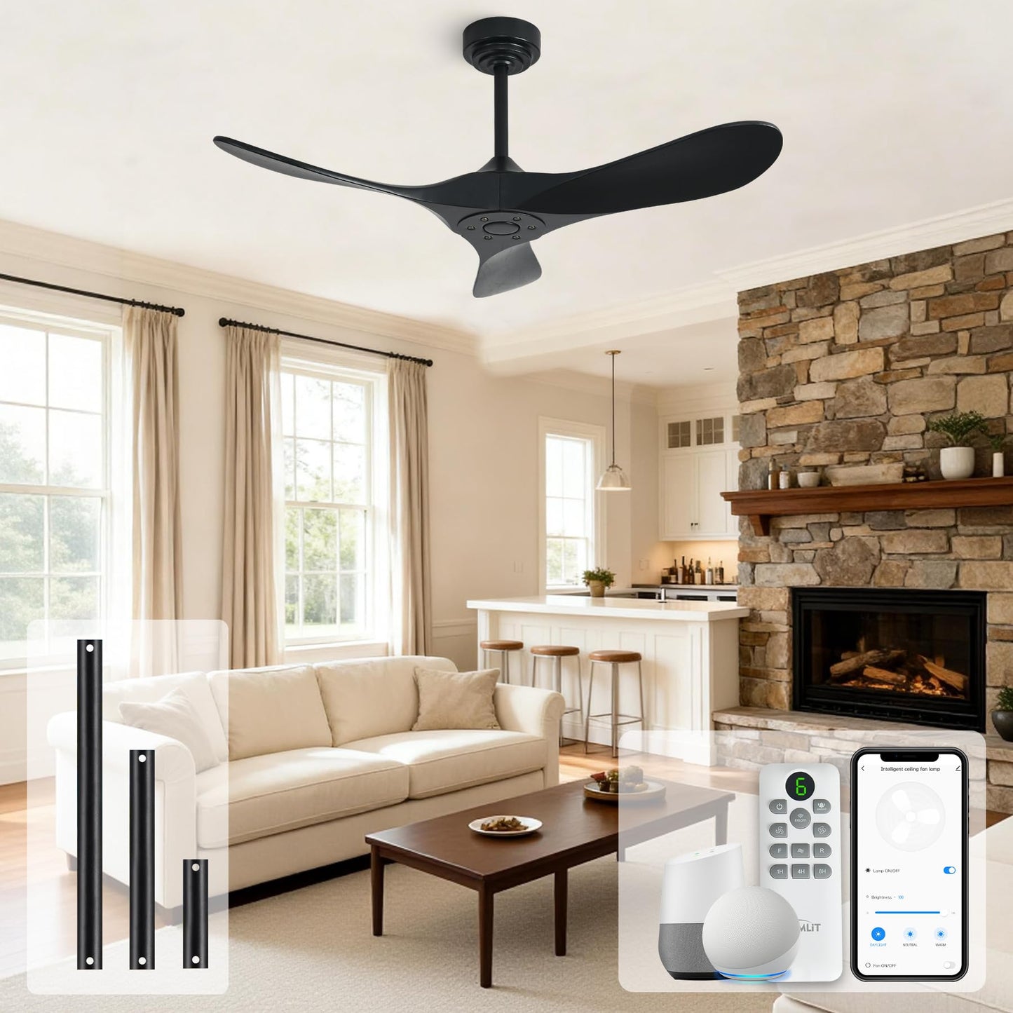 Homlit Outdoor Ceiling Fan Without Light, 42Inch Smart Ceiling Fan with Remote & Voice Control for Compatible with Alexa/Google, 3-Blade Solid Wood