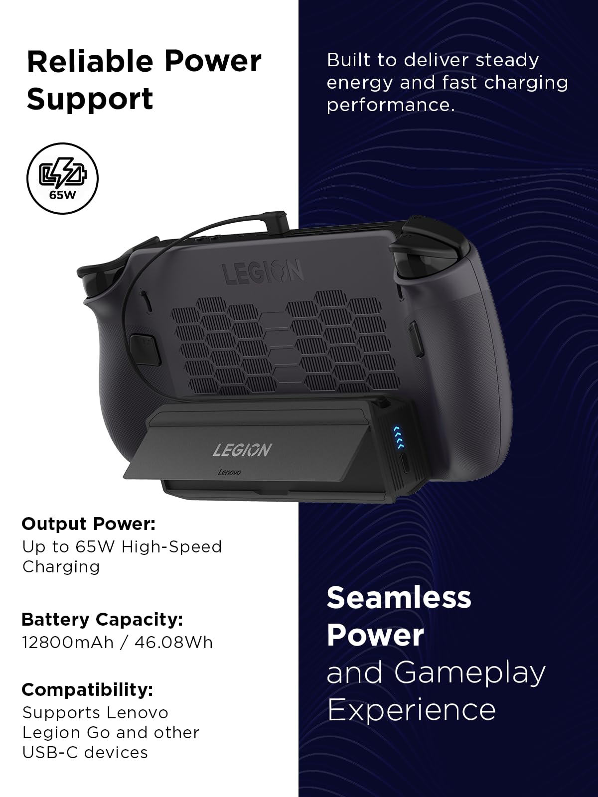 Lenovo Legion Go 65W 12800 Power Bank, Portable Power for Handheld Gaming and Other Devices, USB-C Integrated Cable, Magnetic Attach, Built-in Stand