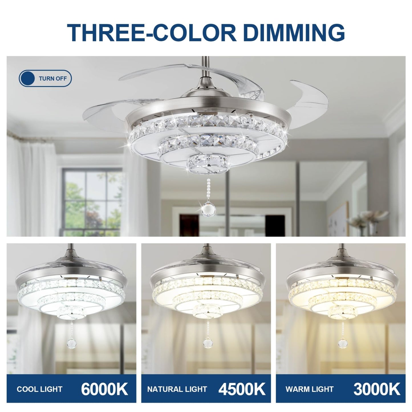 efperfect 42" Crystal Ceiling Fan with Lights, Retractable Modern Chrome Fandelier, Remote 3 Speeds 3 Color Changes Noise-Free Ceiling Fan